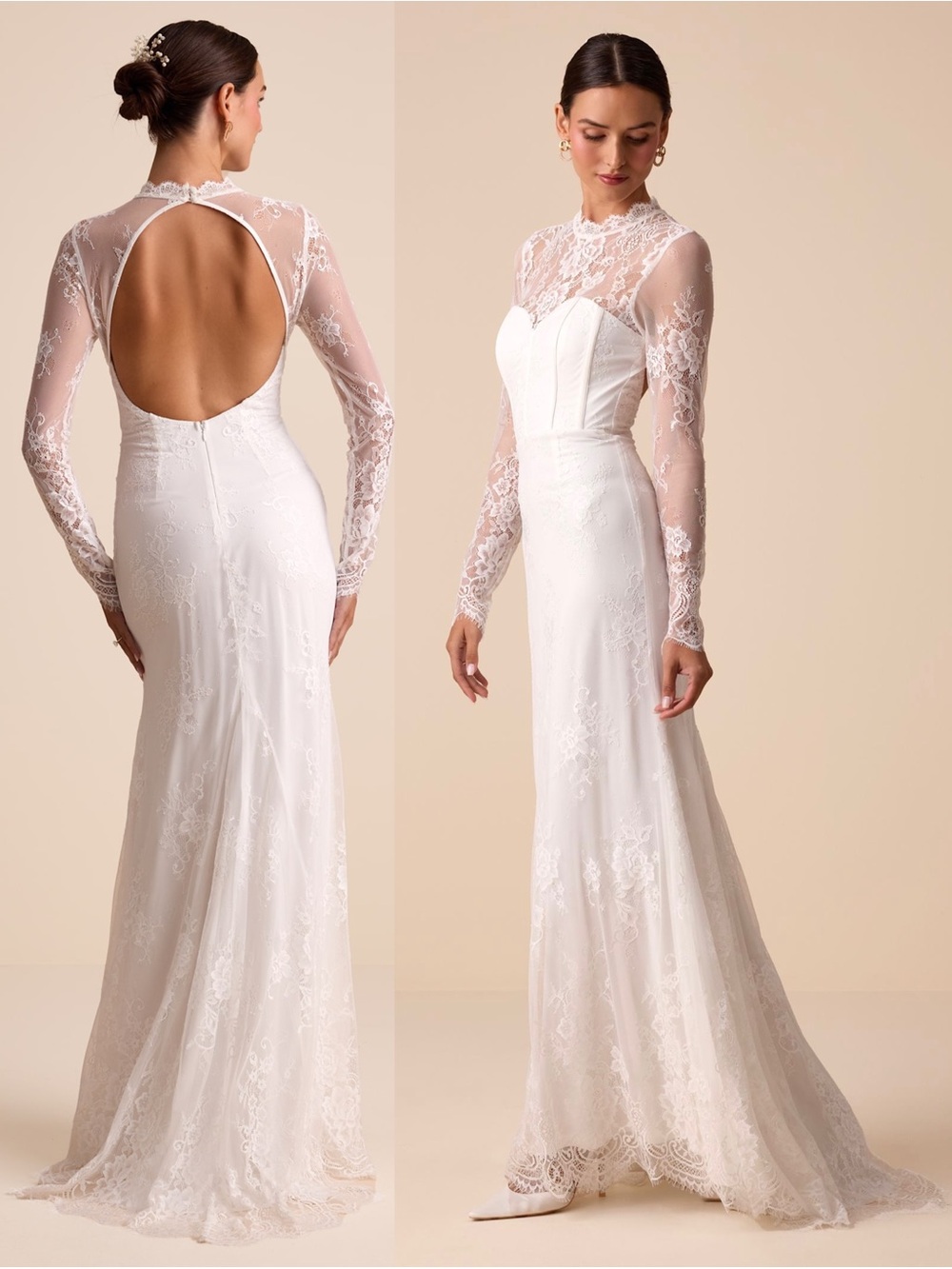 LULUS Floral Lace Open Back Sweetheart Neck Long Sleeve Mermaid Wedding Gown S